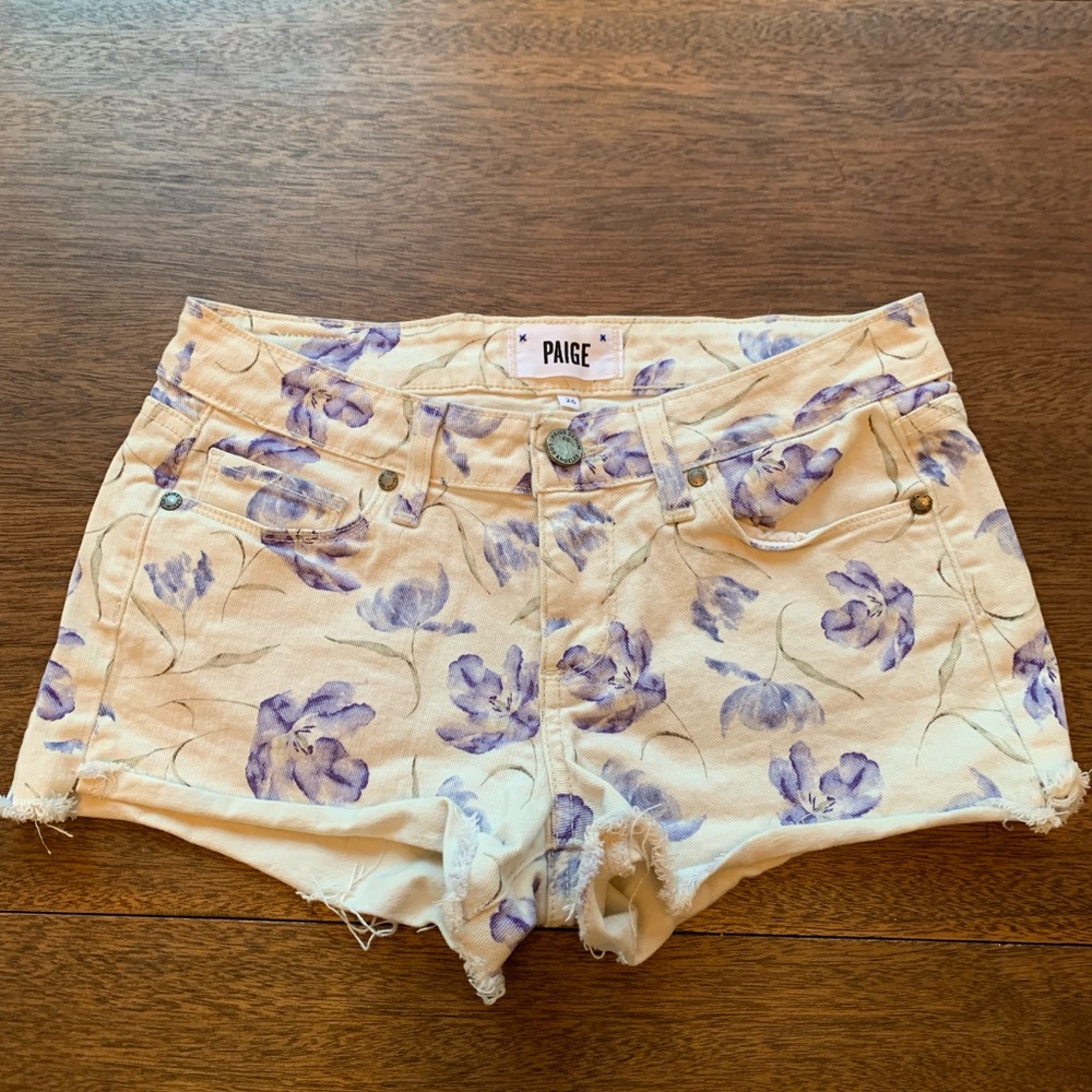 Paige Floral White and purple denim shorts